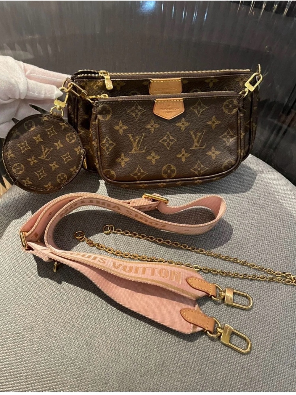 Louis Vuitton Brown Monogram Multi Pochette with Pink Strap and Coin Purse